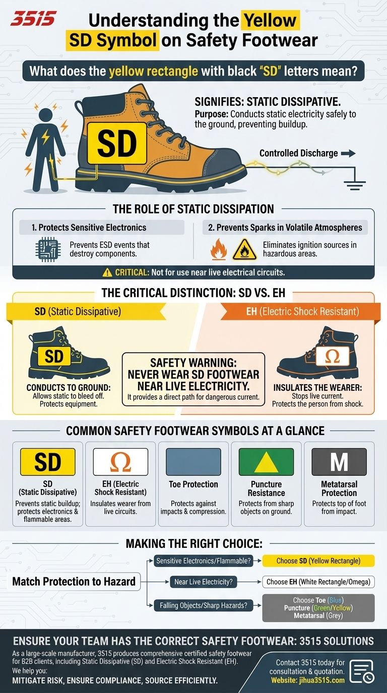 안전화에 검은색 SD 글자가 있는 노란색 사각형은 무엇을 의미하나요? 정전기 방지 보호 가이드 시각적 가이드