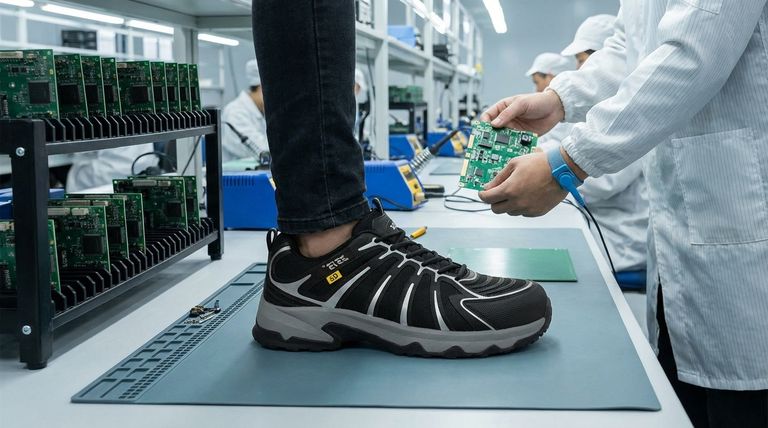 안전화에 검은색 SD 글자가 있는 노란색 사각형은 무엇을 의미하나요? 정전기 방지 보호 가이드