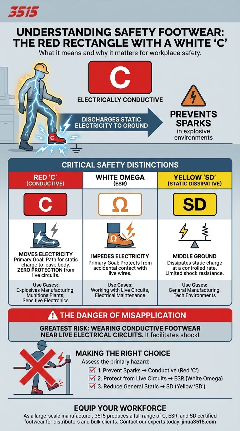 Cosa significa un rettangolo rosso con una C bianca sulle calzature di sicurezza? Guida essenziale alle calzature conduttive Guida Visiva