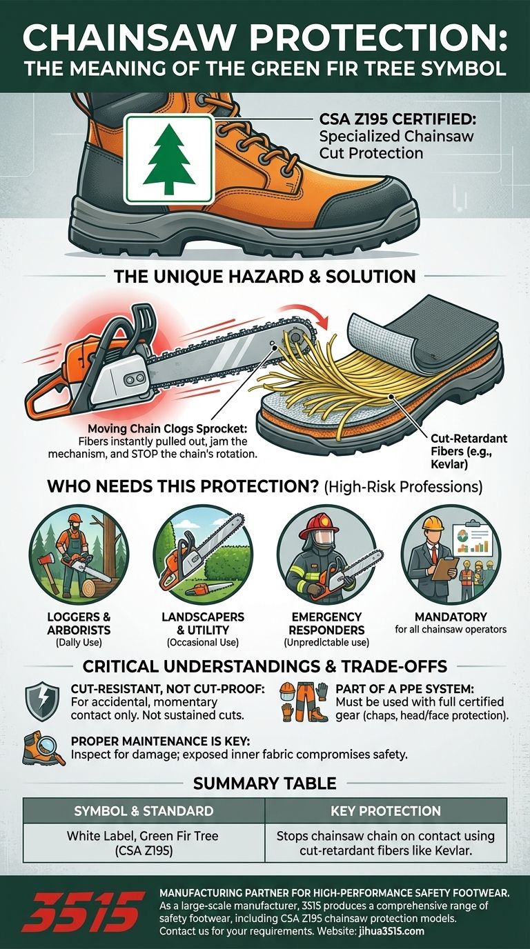 안전화에 녹색 전나무 심볼이 있는 흰색 라벨은 무엇을 의미하나요? 필수 전기톱 보호 기능 설명 시각적 가이드