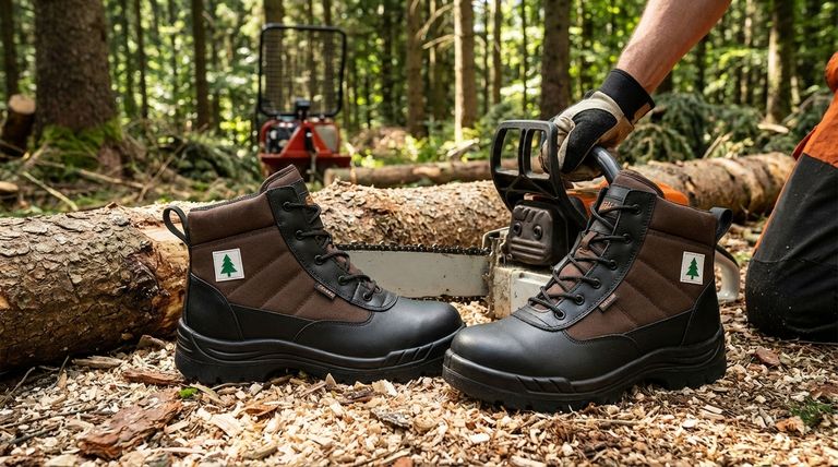 안전화에 녹색 전나무 심볼이 있는 흰색 라벨은 무엇을 의미하나요? 필수 전기톱 보호 기능 설명