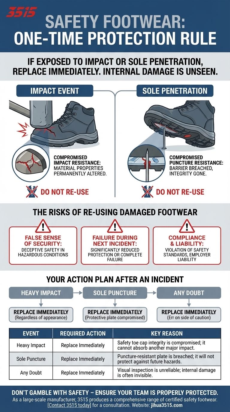 O que deve ser feito se o calçado de segurança for exposto a penetração na sola ou impacto? Substitua-o imediatamente. Guia Visual