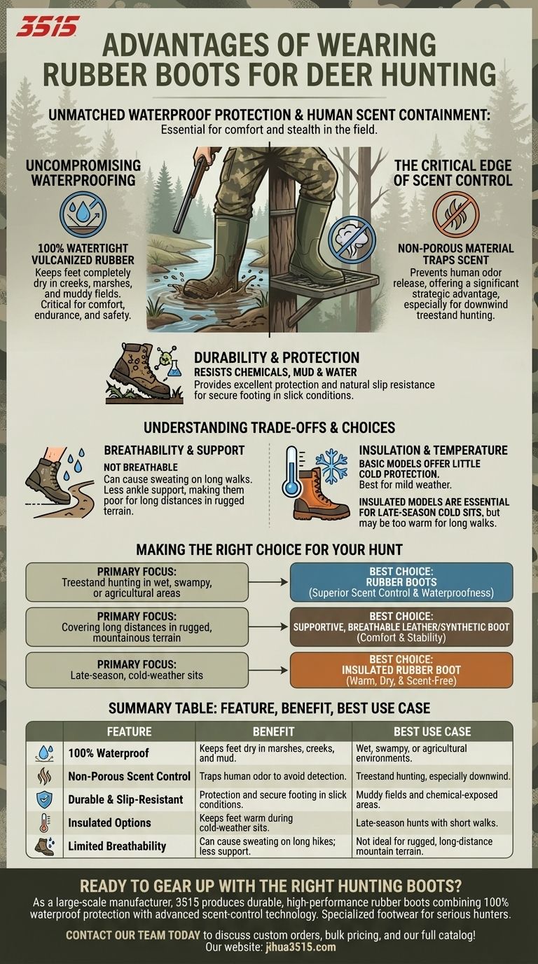사슴 사냥 시 고무 장화를 신는 것의 장점은 무엇인가요? 성공을 위해 건조함과 냄새 차단 유지 시각적 가이드