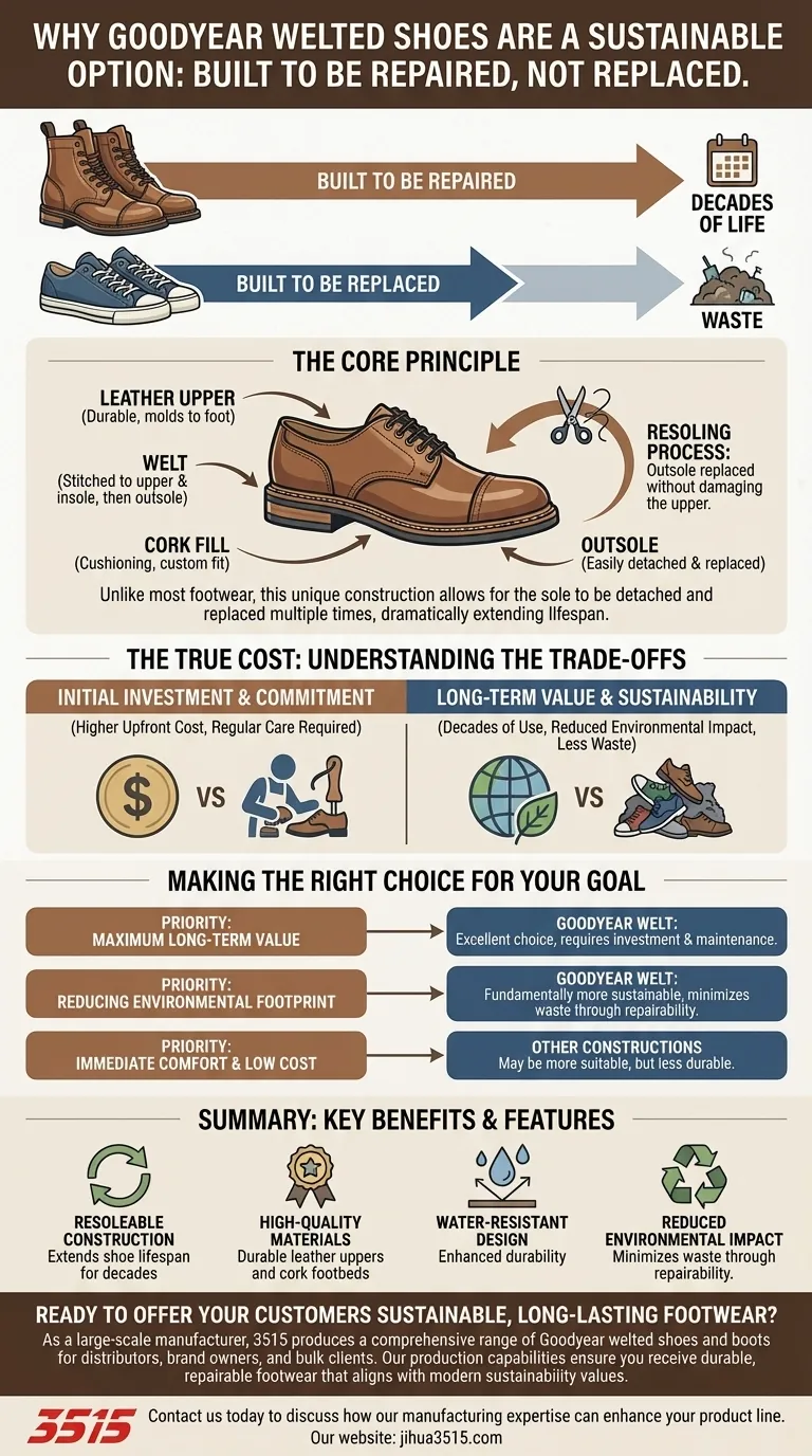 グッドイヤーウェルト製法で作られた靴は、なぜ持続可能な選択肢と考えられているのでしょうか？ 長期的な品質への投資と廃棄物の削減 ビジュアルガイド