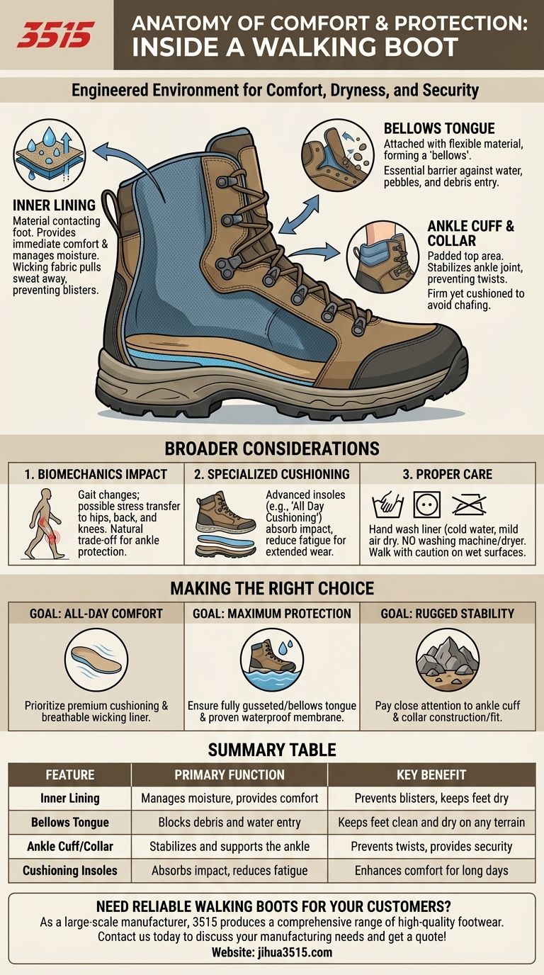 Quelles caractéristiques trouve-t-on à l'intérieur d'une chaussure de marche pour le confort et la protection ? Explication des composants essentiels Guide Visuel