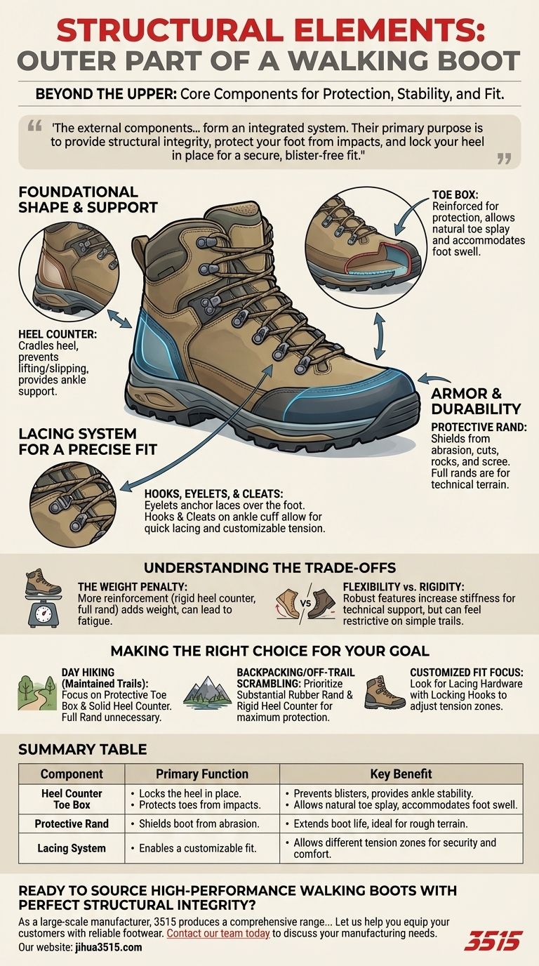 Quels éléments structurels sont présents dans la partie extérieure d'une chaussure de randonnée ? Un guide sur la protection et l'ajustement Guide Visuel