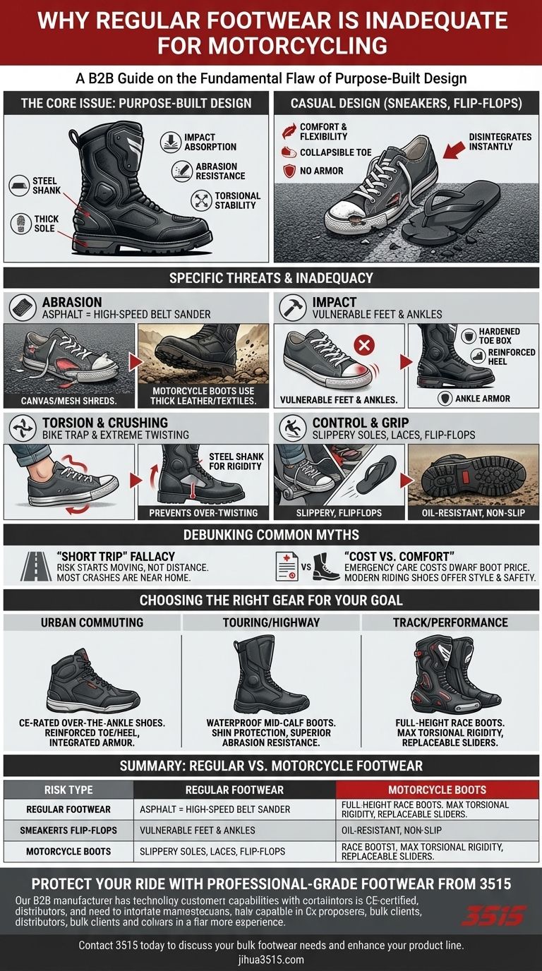 ¿Por qué el calzado regular como zapatillas o chanclas es inadecuado para la motocicleta? Explicación de los riesgos críticos de seguridad Guía Visual
