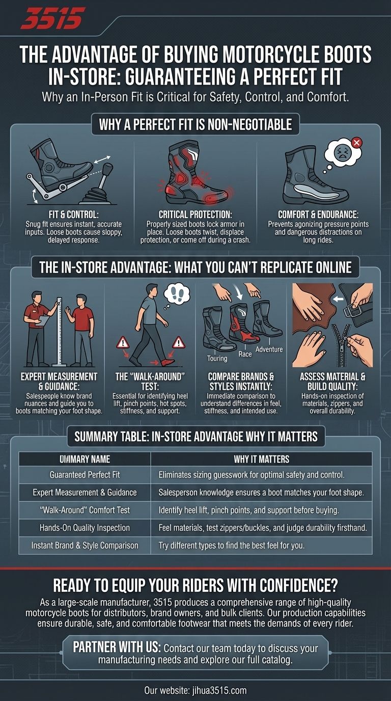 오프라인 매장에서 오토바이 부츠를 구매하면 어떤 이점이 있나요? 완벽하고 안전한 착용감을 보장합니다. 시각적 가이드