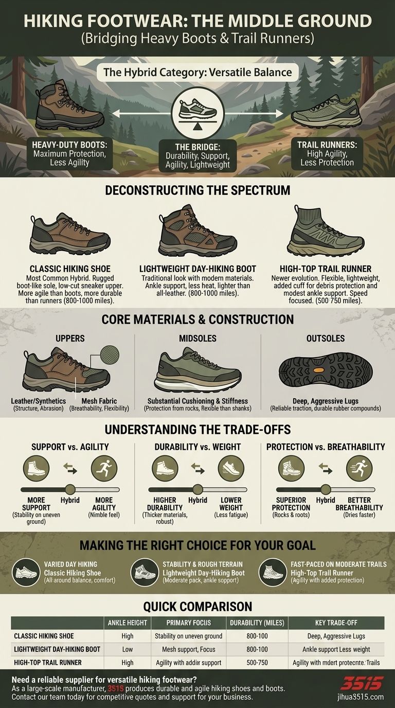 ¿Cuáles son las características del calzado de senderismo que se encuentra entre las botas resistentes y las zapatillas de trail running? Guía Visual
