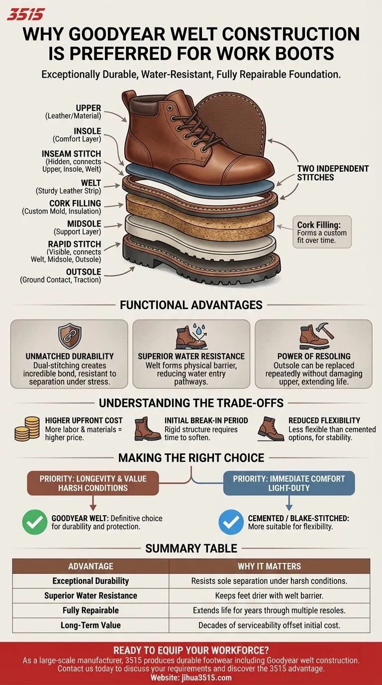 Pourquoi la construction Goodyear welt est-elle privilégiée pour les bottes de travail ? Pour une durabilité et une réparabilité inégalées Guide Visuel