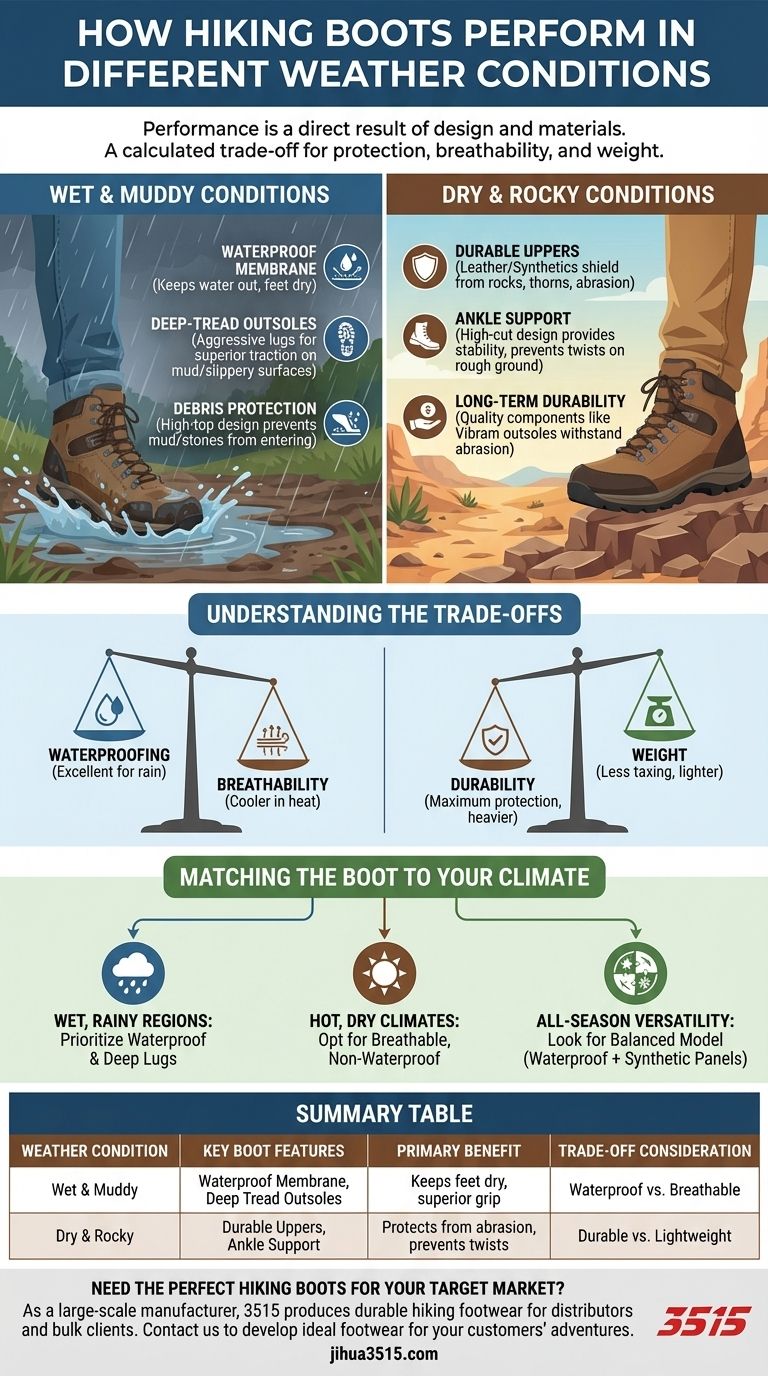 Como o desempenho das botas de caminhada varia em diferentes condições climáticas? Domine Trilhas Molhadas, Secas e Lamacentas Guia Visual