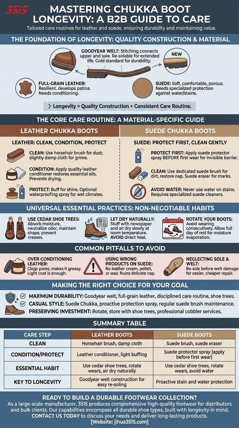 How should one care for Chukka boots to ensure longevity? Maximize Durability with Expert Care Visual Guide