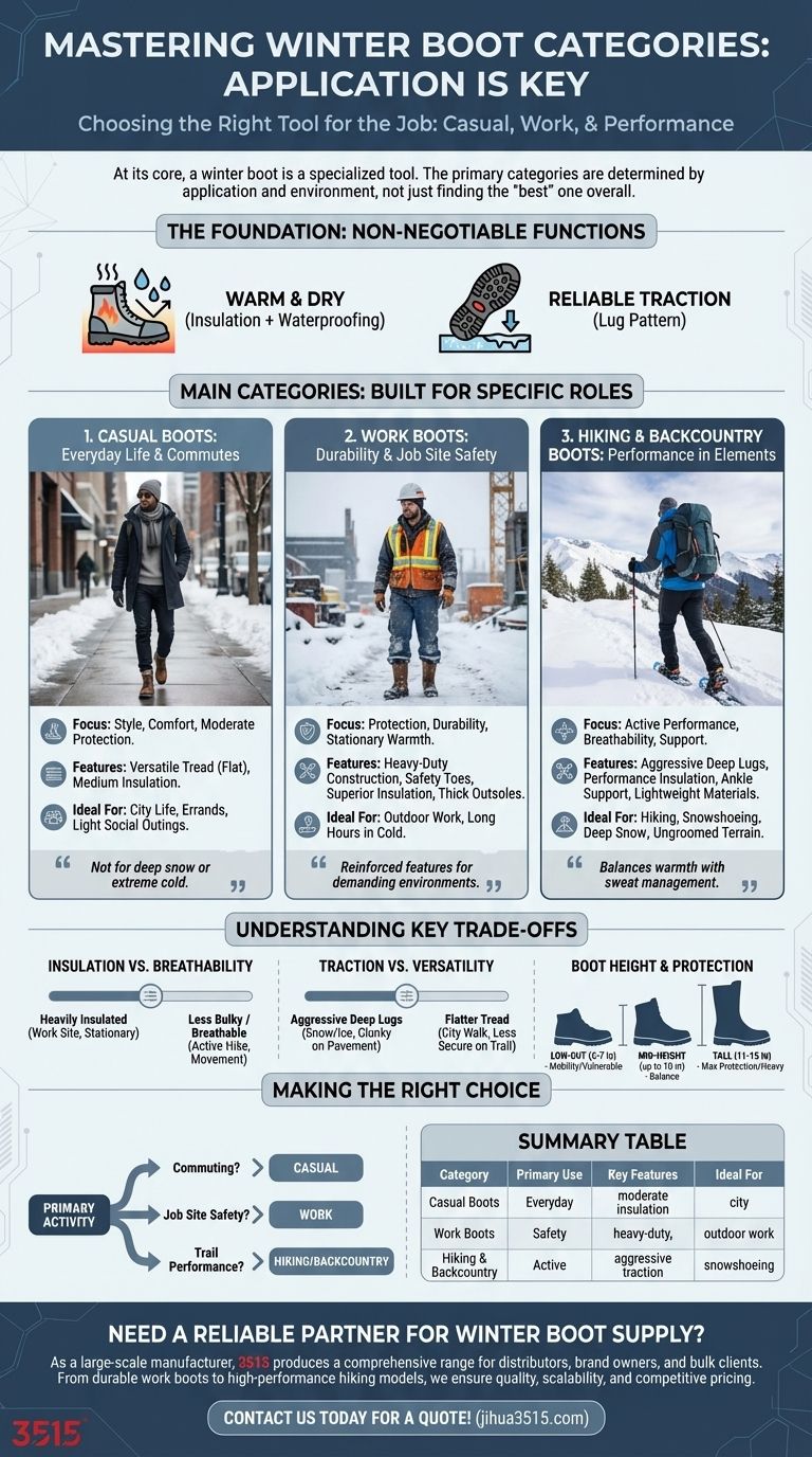 겨울 부츠의 주요 카테고리는 무엇인가요? 겨울 활동에 맞는 부츠 찾기 시각적 가이드
