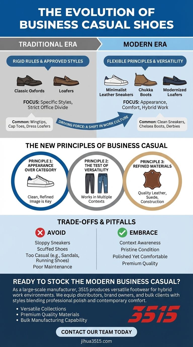 ビジネスカジュアルシューズの定義はどのように進化しましたか？厳格なルールから現代の多様性へ ビジュアルガイド