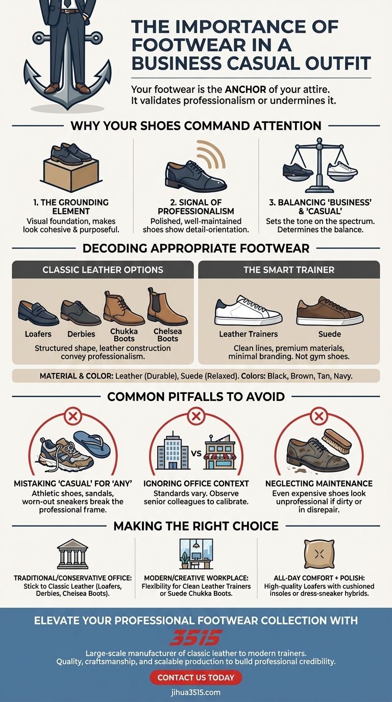 What is the importance of footwear in a business casual outfit? Elevate Your Professional Credibility Visual Guide
