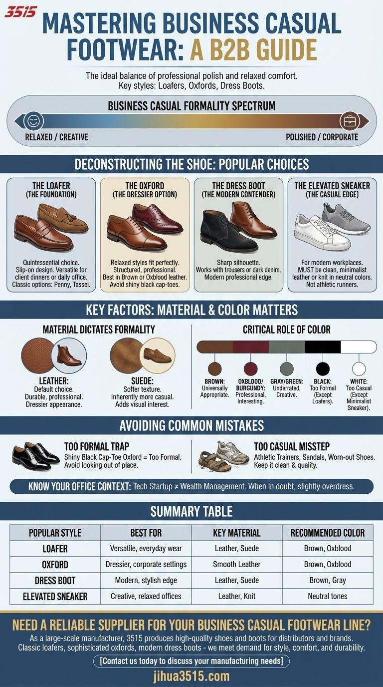 비즈니스 캐주얼에 가장 인기 있는 신발 선택은 무엇인가요? 로퍼, 옥스포드, 아니면 드레스 부츠? 시각적 가이드