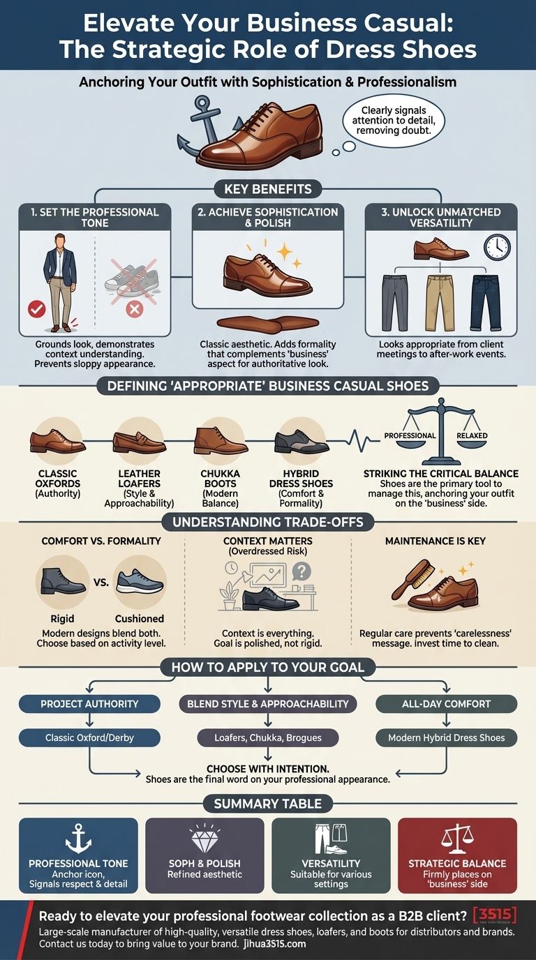 What are the benefits of wearing dress shoes in a business casual setting? Elevate Your Professional Image Visual Guide