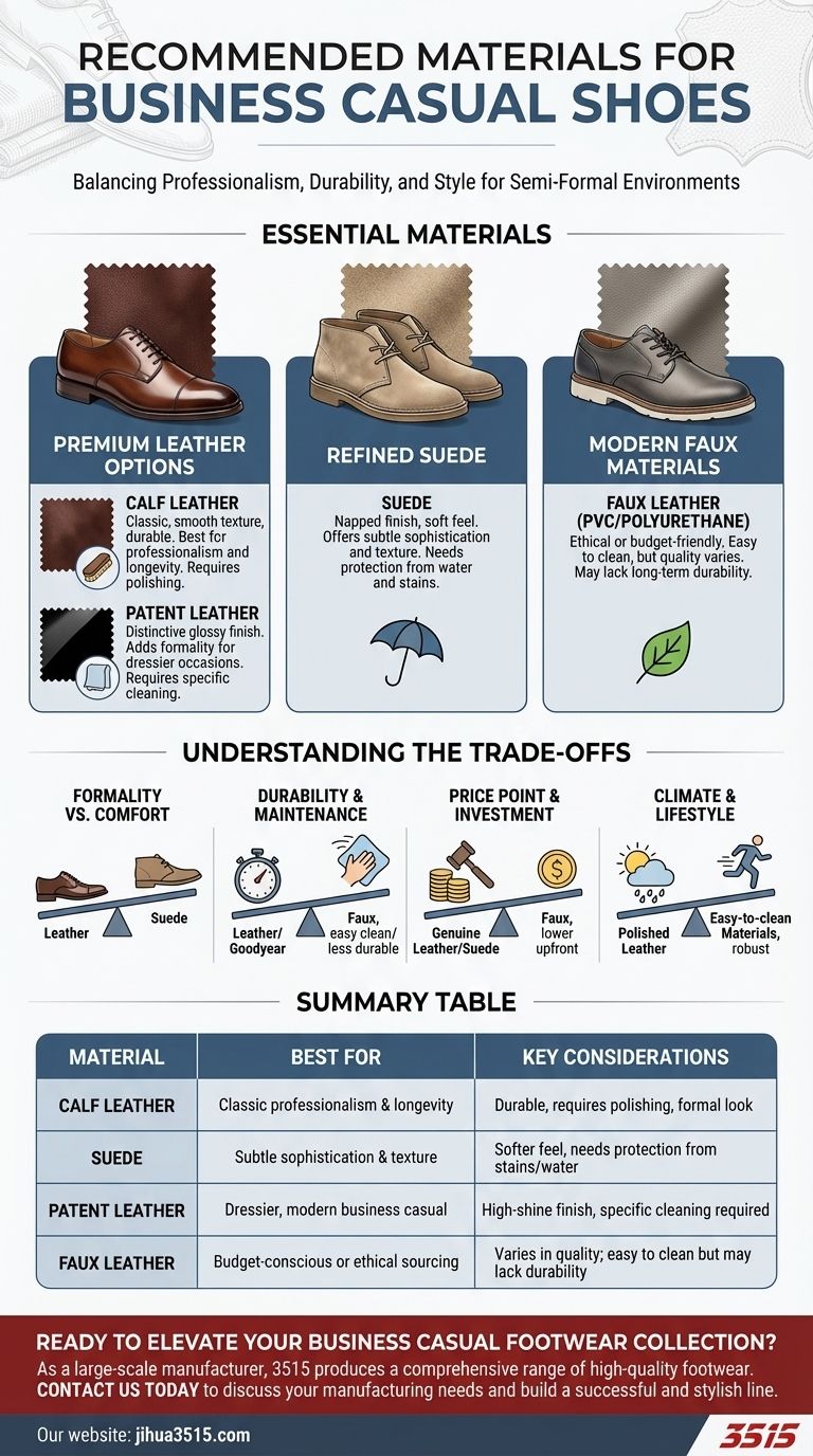 비즈니스 캐주얼 신발에 권장되는 소재는 무엇인가요? 세련된 룩을 위한 올바른 소재 선택 시각적 가이드