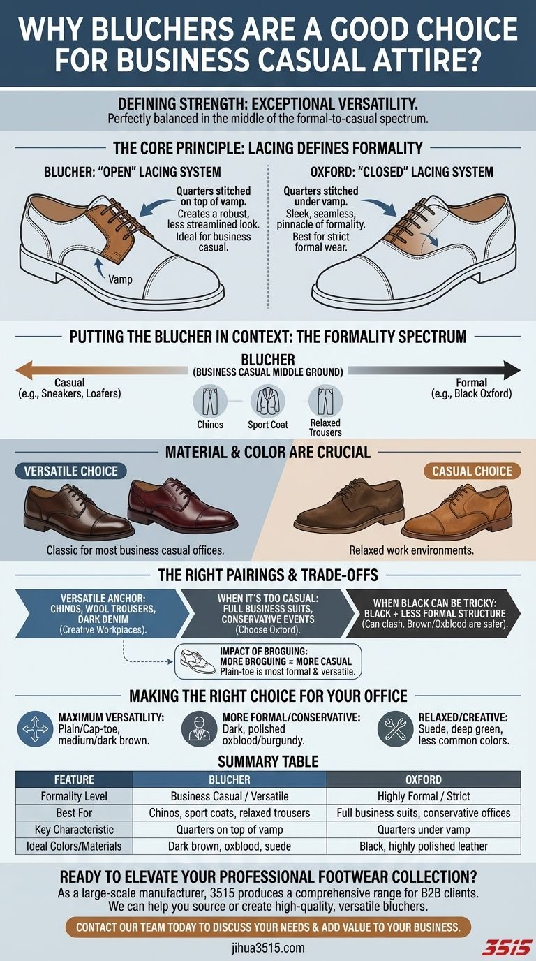 Pourquoi les bluchers sont-ils un bon choix pour une tenue business casual ? Adoptez un style polyvalent pour le lieu de travail moderne Guide Visuel