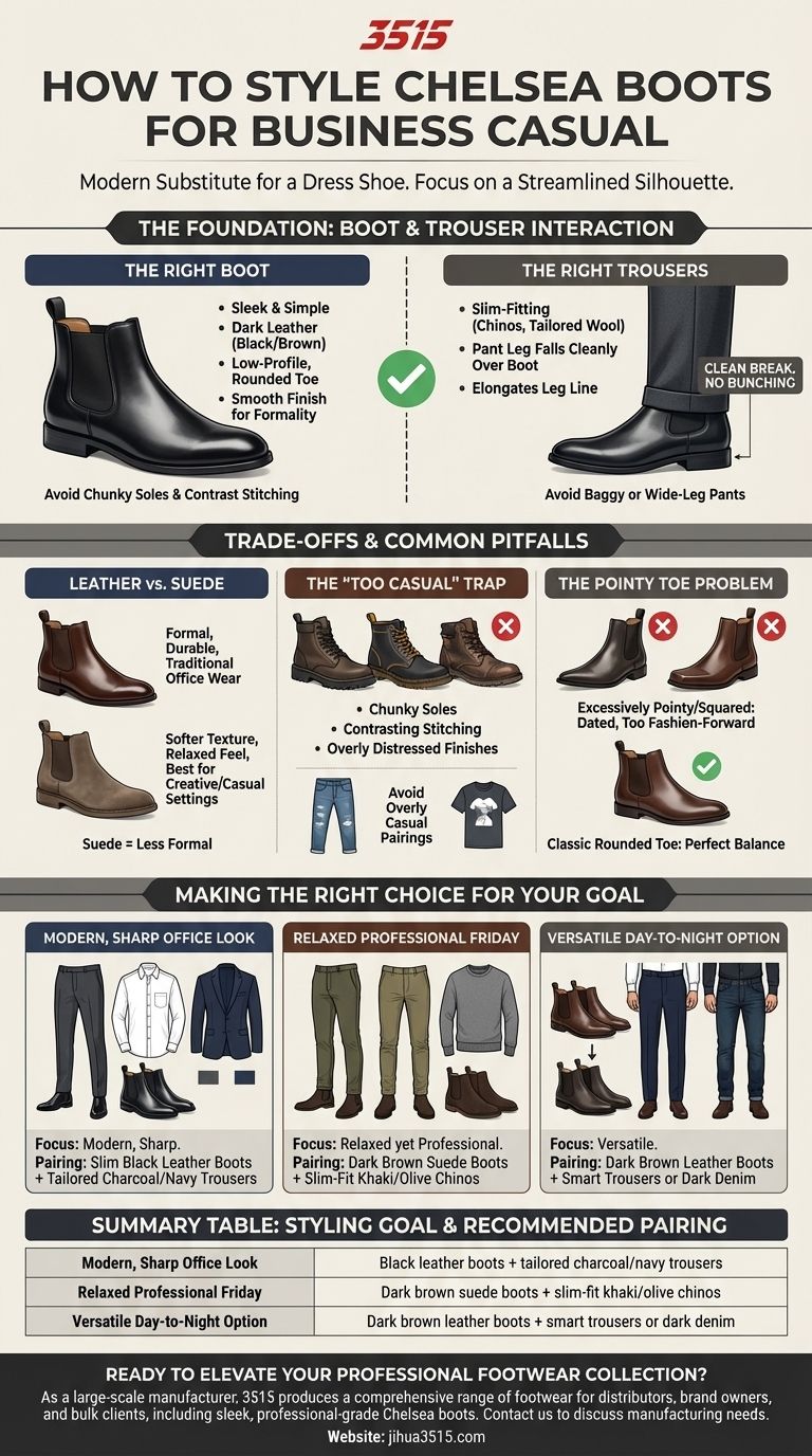 Come abbinare gli stivali Chelsea per un look business casual? Padroneggia un look moderno e professionale Guida Visiva