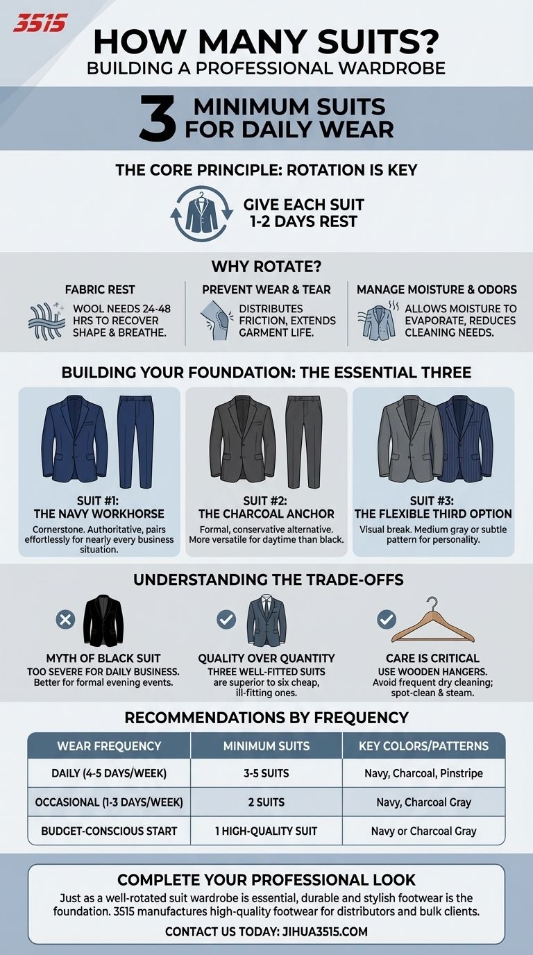 How many suits are recommended for frequent wear? A 3-Suit Minimum for a Professional Rotation Visual Guide