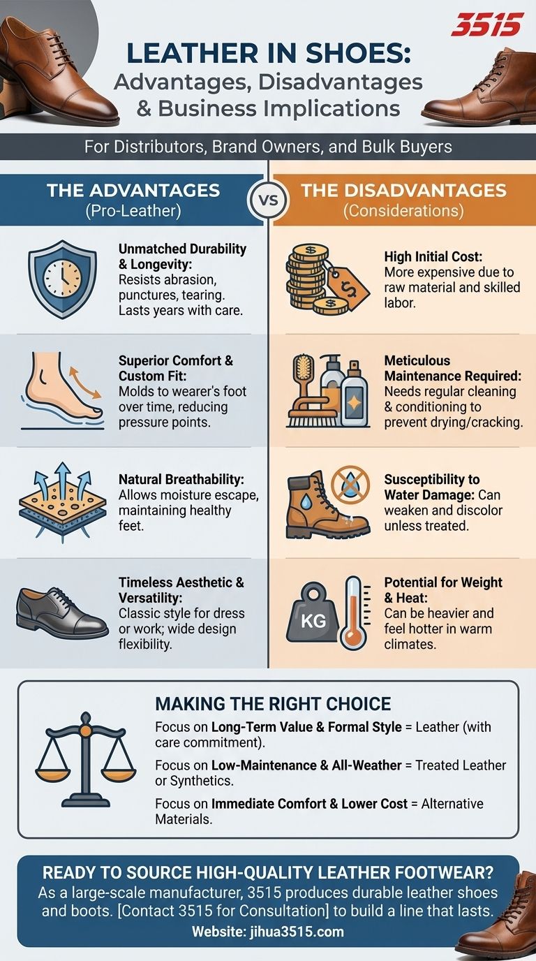 What are the advantages and disadvantages of using leather in shoes? Durability vs. Maintenance Visual Guide