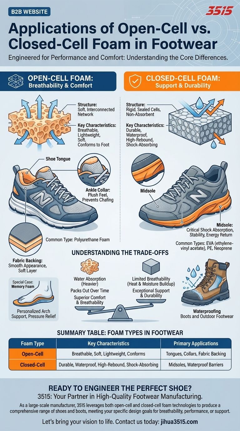 신발에 사용되는 오픈셀 및 클로즈드셀 폼의 일반적인 용도는 무엇인가요? 편안함과 성능 최적화 시각적 가이드