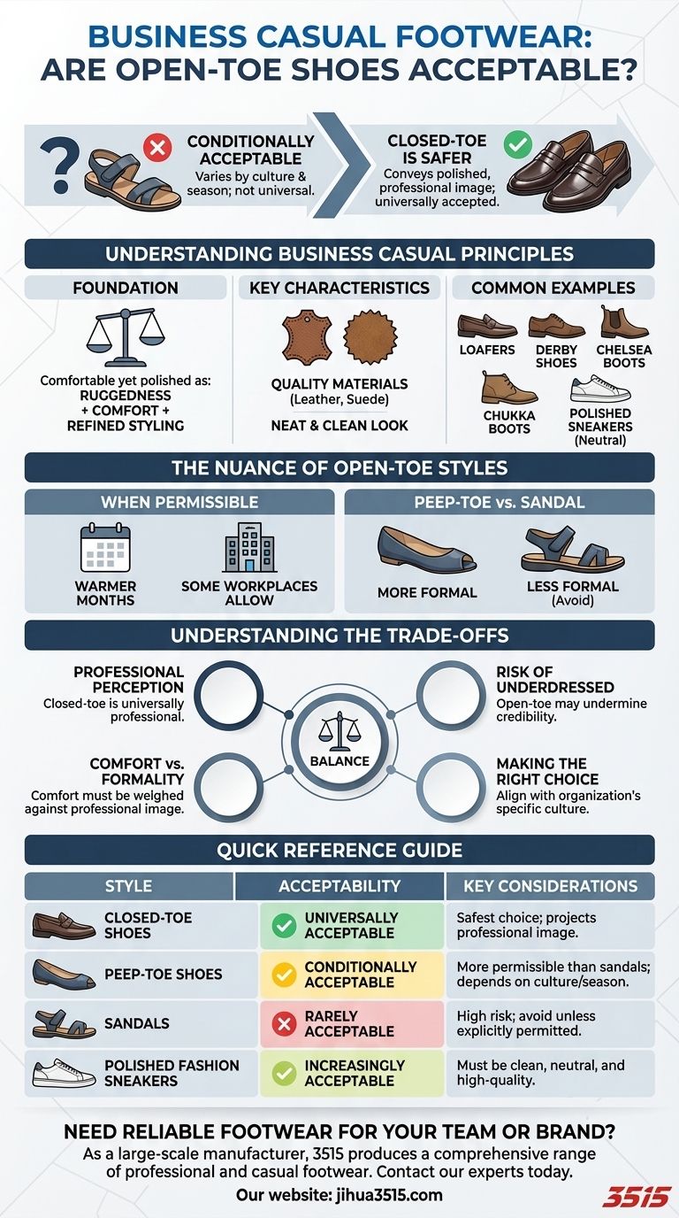 ¿Son aceptables los zapatos de punta abierta en entornos de negocios casuales? Navega por los códigos de vestimenta del lugar de trabajo con confianza. Guía Visual