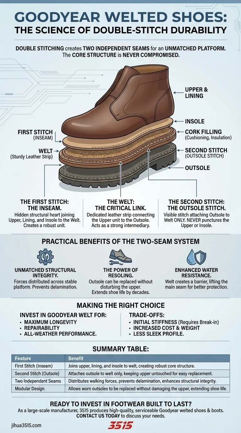 Comment la double couture des chaussures cousues Goodyear améliore-t-elle la durabilité ? Un système à 2 coutures pour des décennies d'usure Guide Visuel