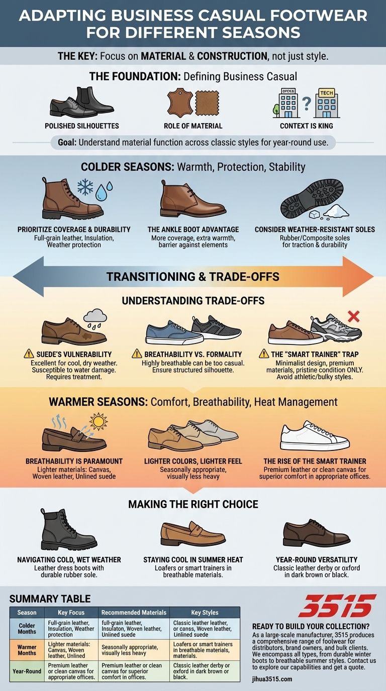 Como o calçado casual de negócios pode ser adaptado para diferentes estações? Domine a Seleção de Materiais para Estilo Durante Todo o Ano Guia Visual