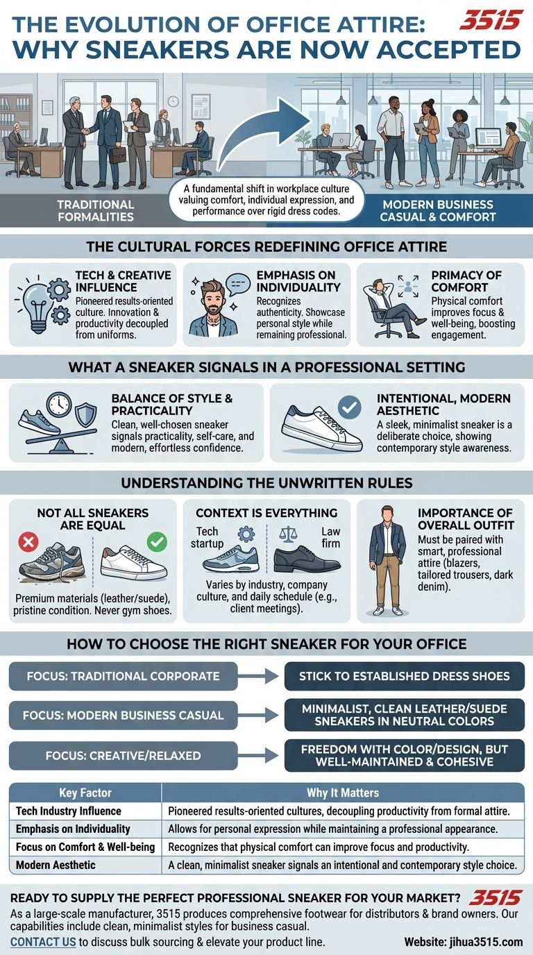 왜 이제 스니커즈가 사무실 환경에서 받아들여지게 되었을까요? 현대적인 전문성의 변화 시각적 가이드