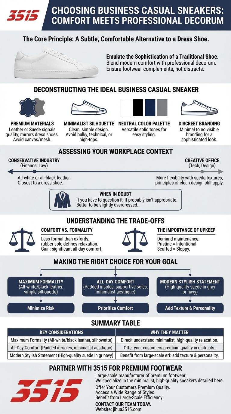 Cosa considerare quando si scelgono le sneakers per un look da ufficio business casual? Ottenere comfort e professionalità Guida Visiva
