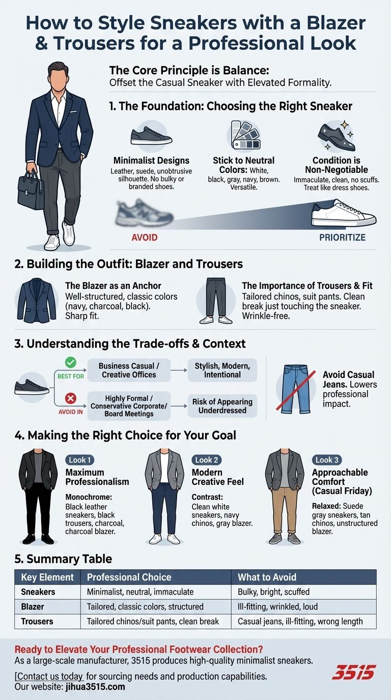 كيف يمكن تنسيق الأحذية الرياضية مع بليزر وبنطلون لمظهر احترافي؟ أتقن مظهر الأعمال العصري غير الرسمي دليل مرئي