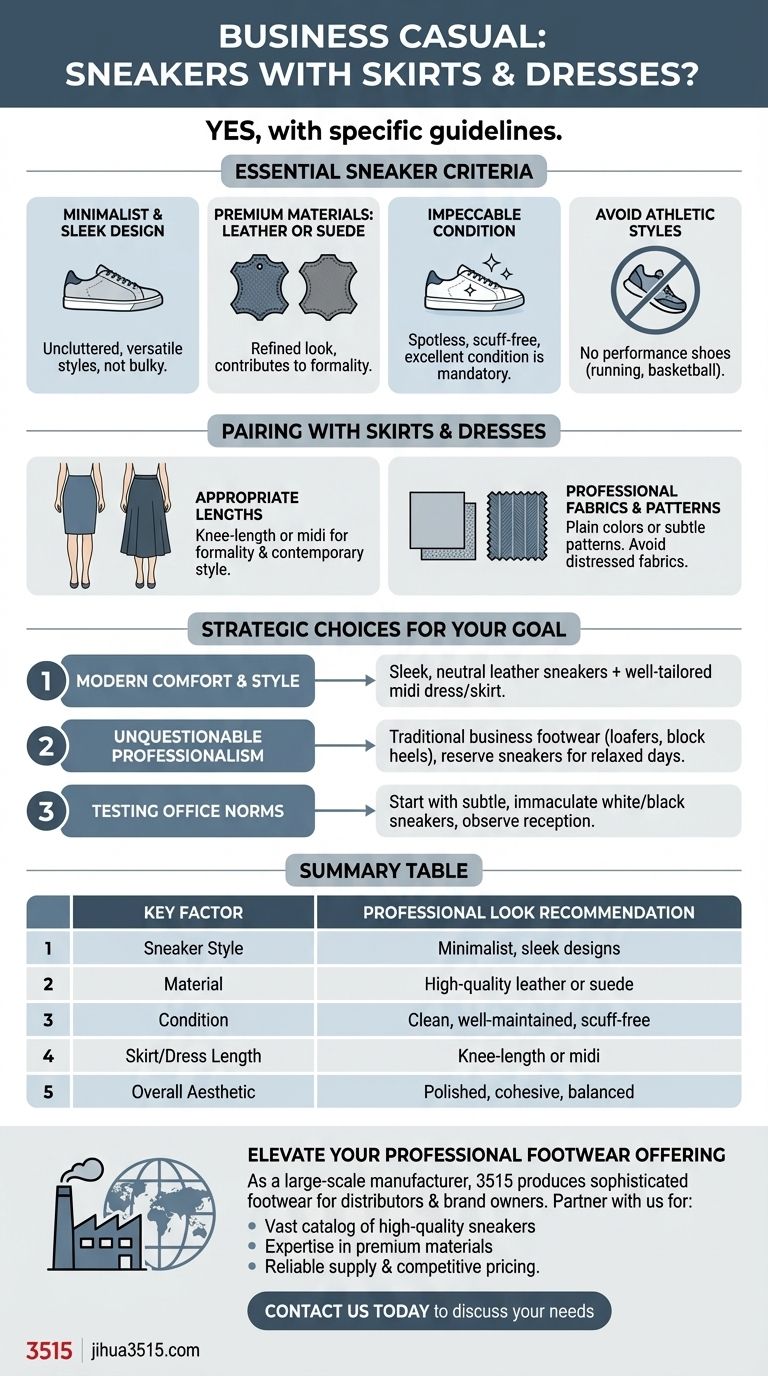 Les baskets peuvent-elles être portées avec des jupes et des robes dans un cadre professionnel décontracté ? Oui, avec le bon style. Guide Visuel