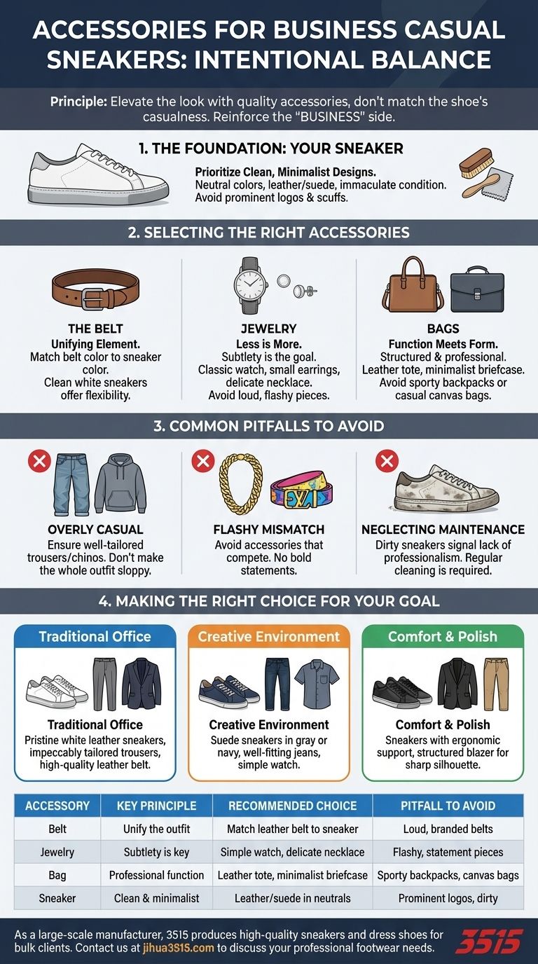 Quels accessoires complètent les baskets dans une tenue business casual ? Maîtriser l'équilibre entre style et professionnalisme Guide Visuel