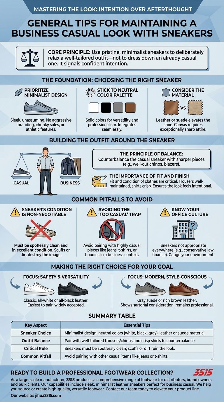スニーカーでビジネスカジュアルな装いを維持するための一般的なヒントは何ですか？意図的なスタイルのアートをマスターしましょう ビジュアルガイド