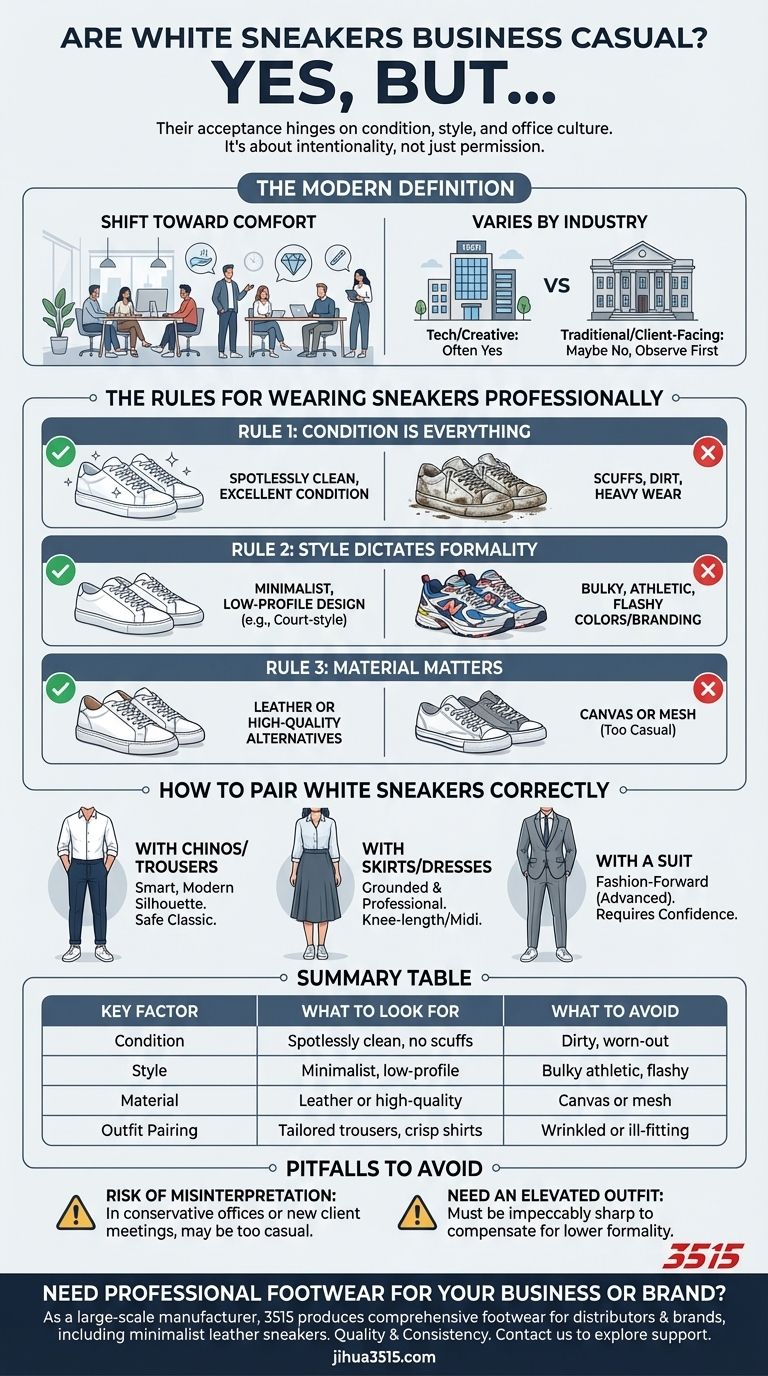 Le sneakers bianche sono considerate appropriate per un abbigliamento business casual? Sì, con stile e intenzione. Guida Visiva