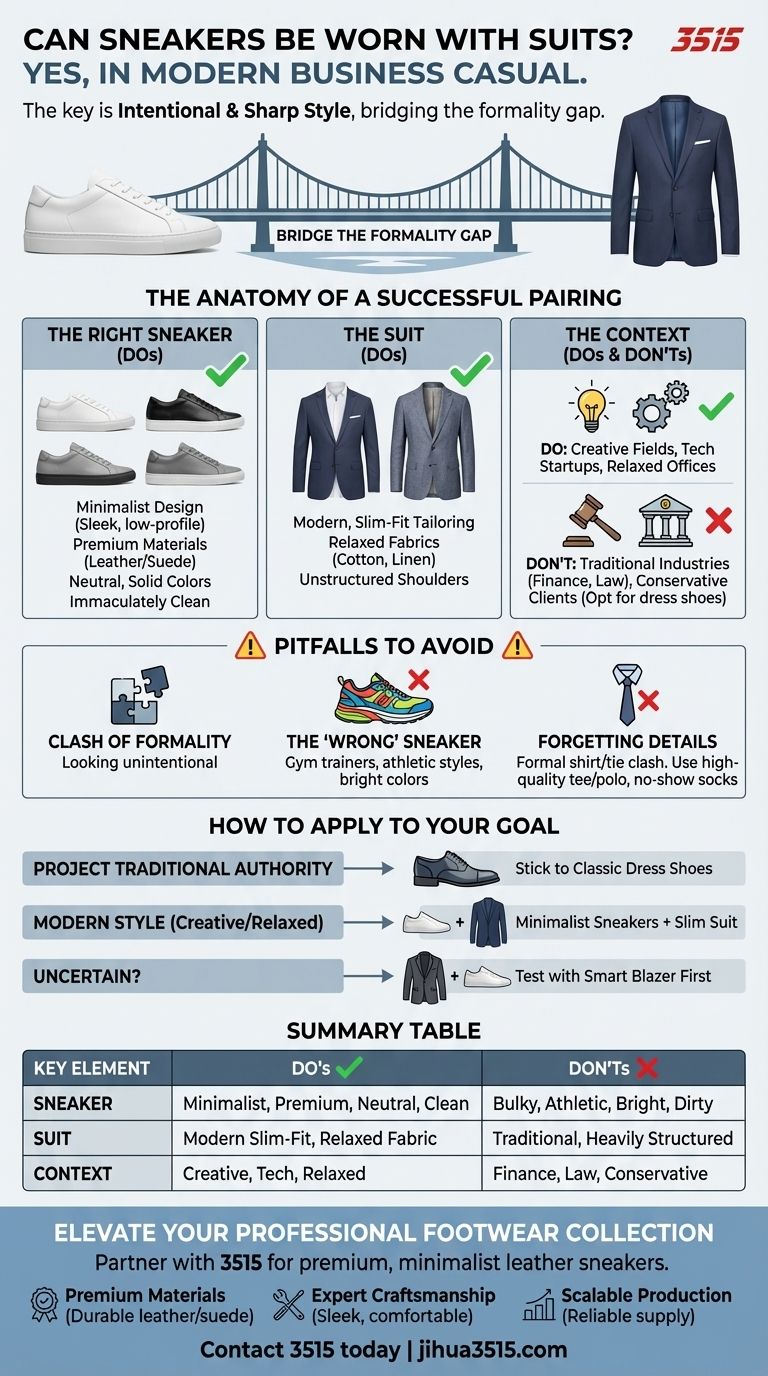 ビジネスカジュアルな環境でスーツにスニーカーを合わせることはできますか？モダンなスタイルをマスターしましょう ビジュアルガイド