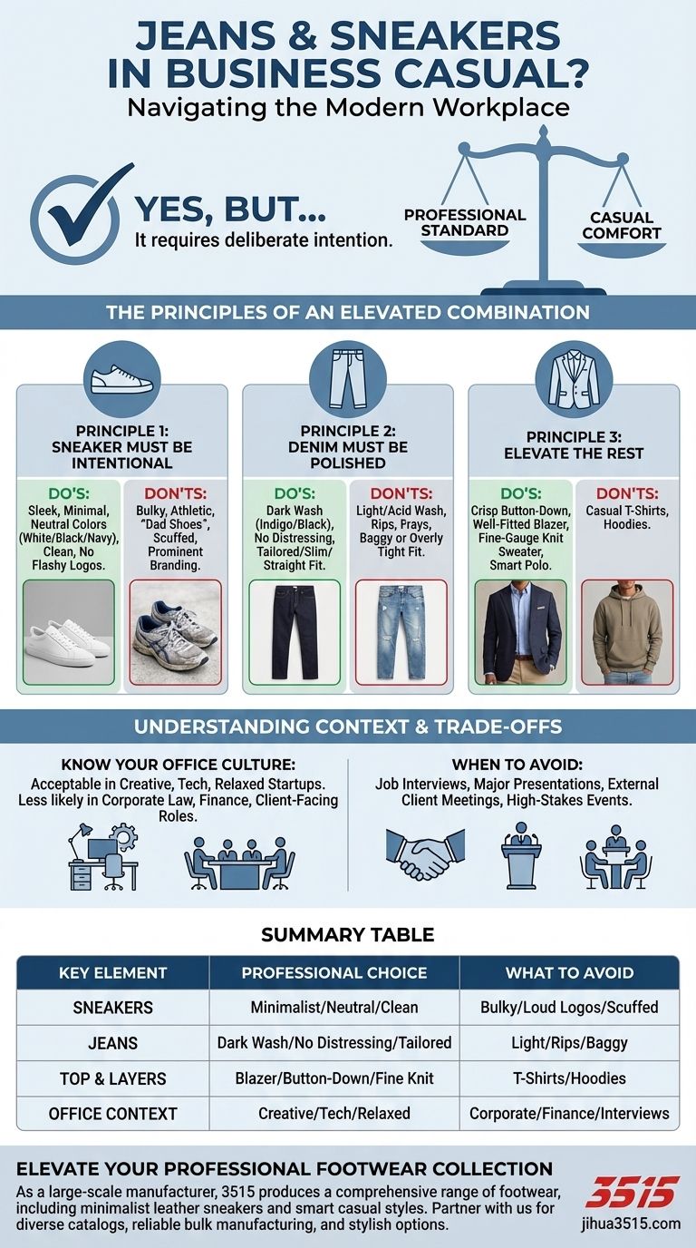 A combinação de jeans e tênis é aceitável em um escritório com traje casual de negócios? Um guia para um visual polido Guia Visual