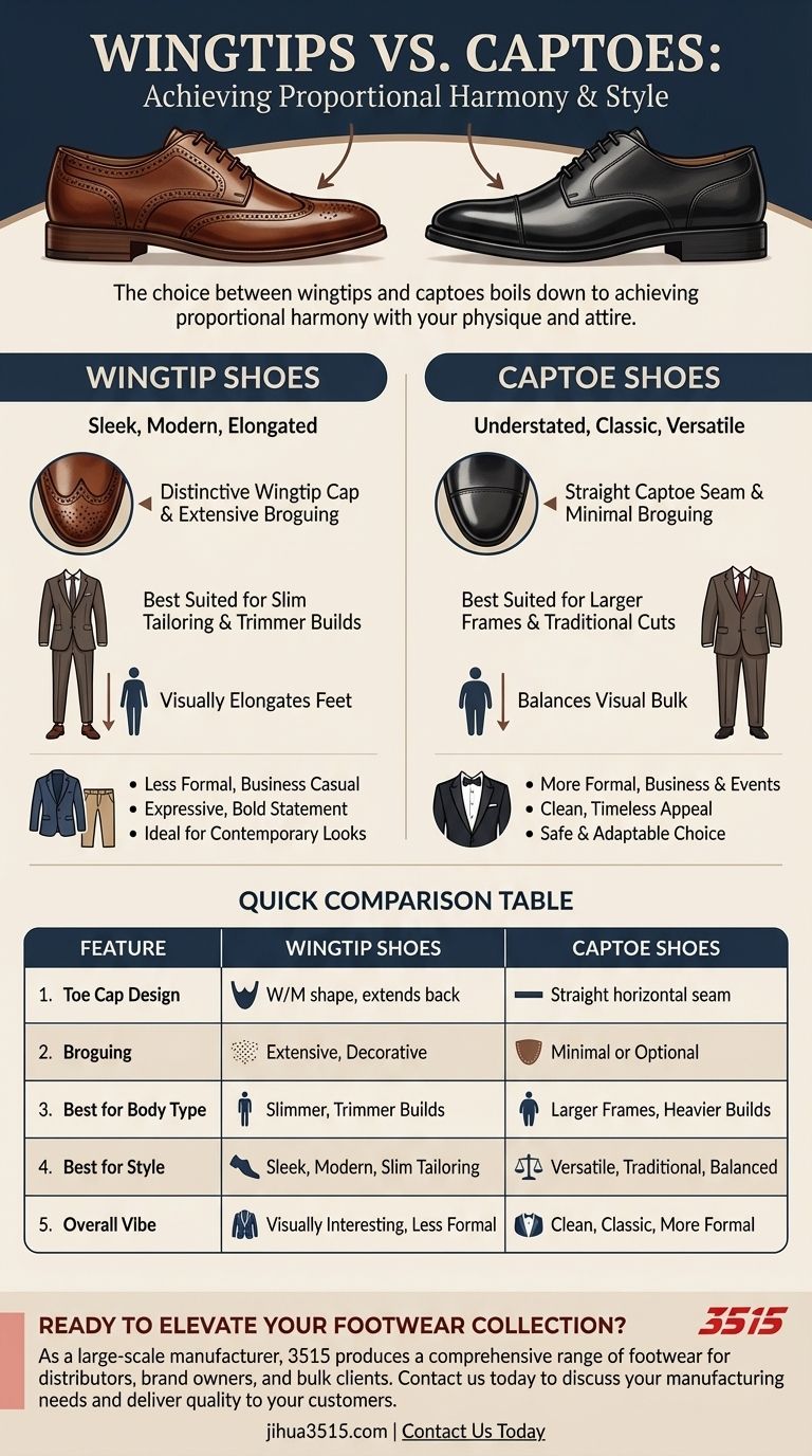 In cosa differiscono le scarpe wingtip dalle captoe? Una guida allo stile proporzionale perfetto Guida Visiva