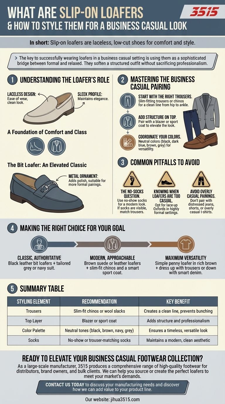 Cosa sono i mocassini slip-on e come dovrebbero essere abbinati per un look business casual? Guida Visiva