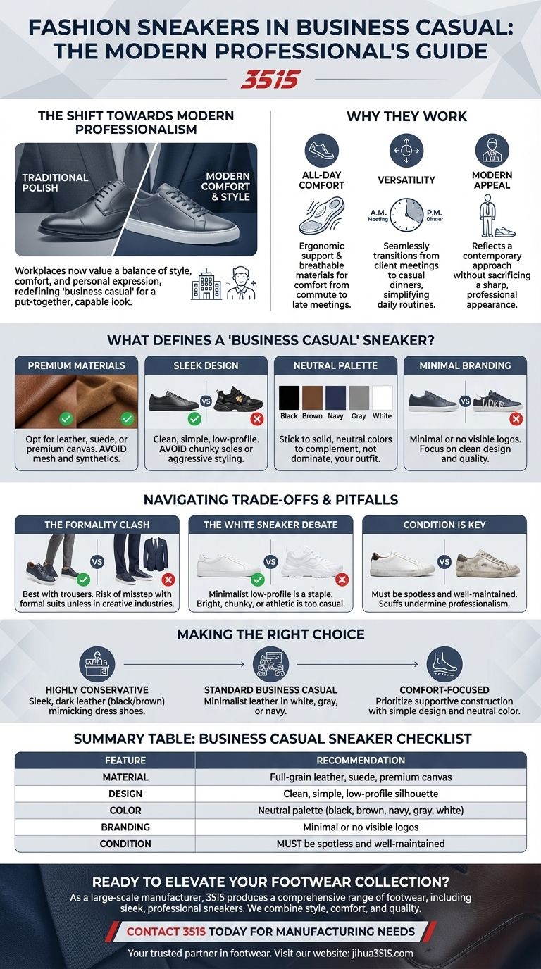 Pourquoi les baskets de mode sont-elles recommandées dans les environnements d'affaires décontractés ? Un guide du style professionnel moderne Guide Visuel