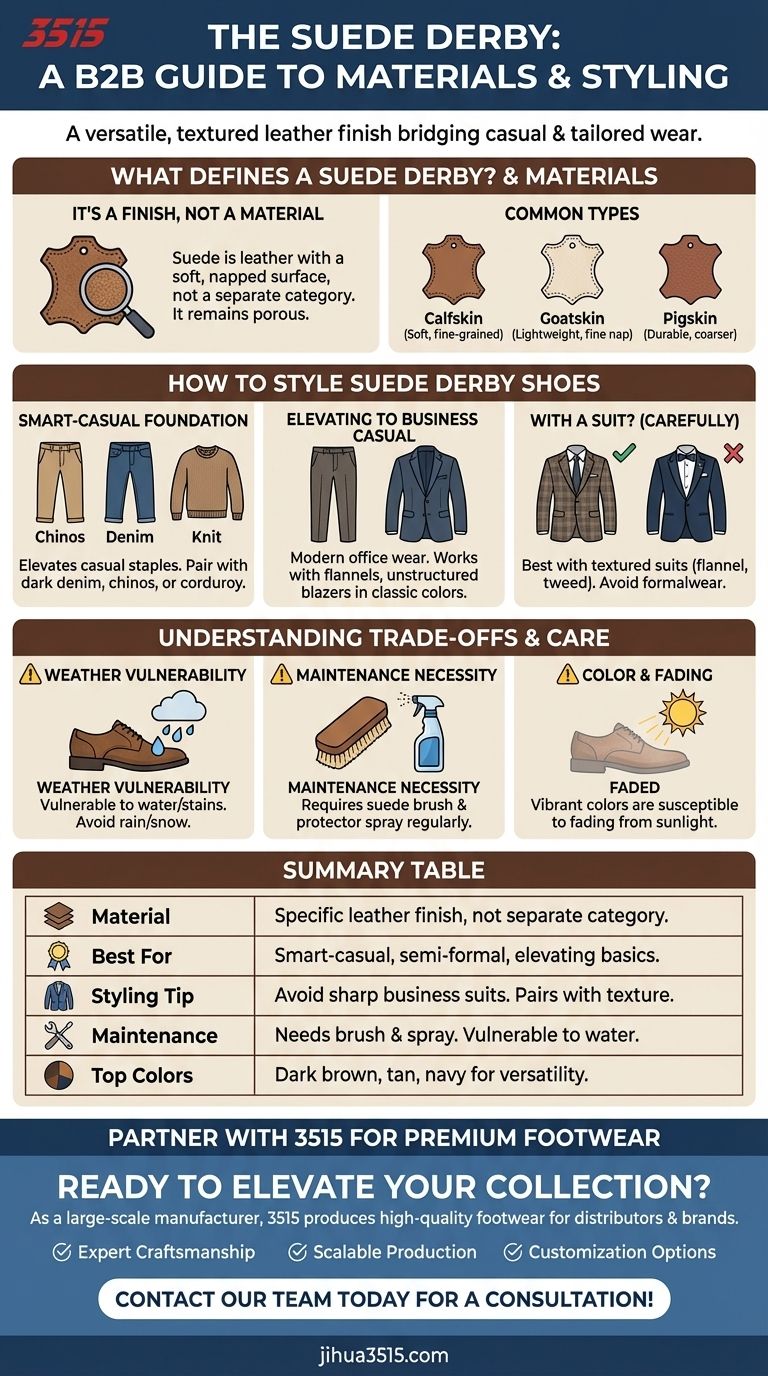 ¿En qué materiales están disponibles los zapatos derby de ante y cómo deben combinarse? Domina el estilo Smart-Casual Guía Visual