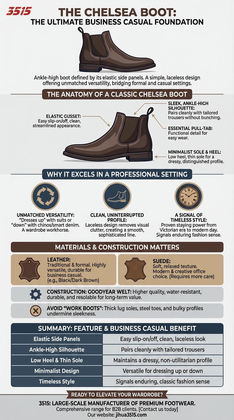 What are the features of Chelsea boots and why are they suitable for business casual attire? A Guide to Timeless Style Visual Guide