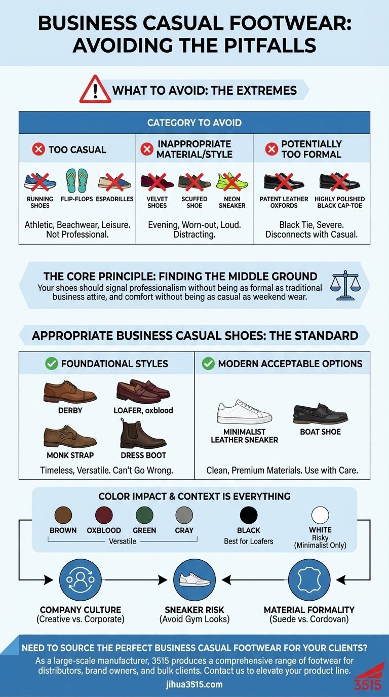 ما هي أنواع الأحذية التي يجب تجنبها مع ملابس العمل الكاجوال؟ حافظ على صورة احترافية مصقولة دليل مرئي