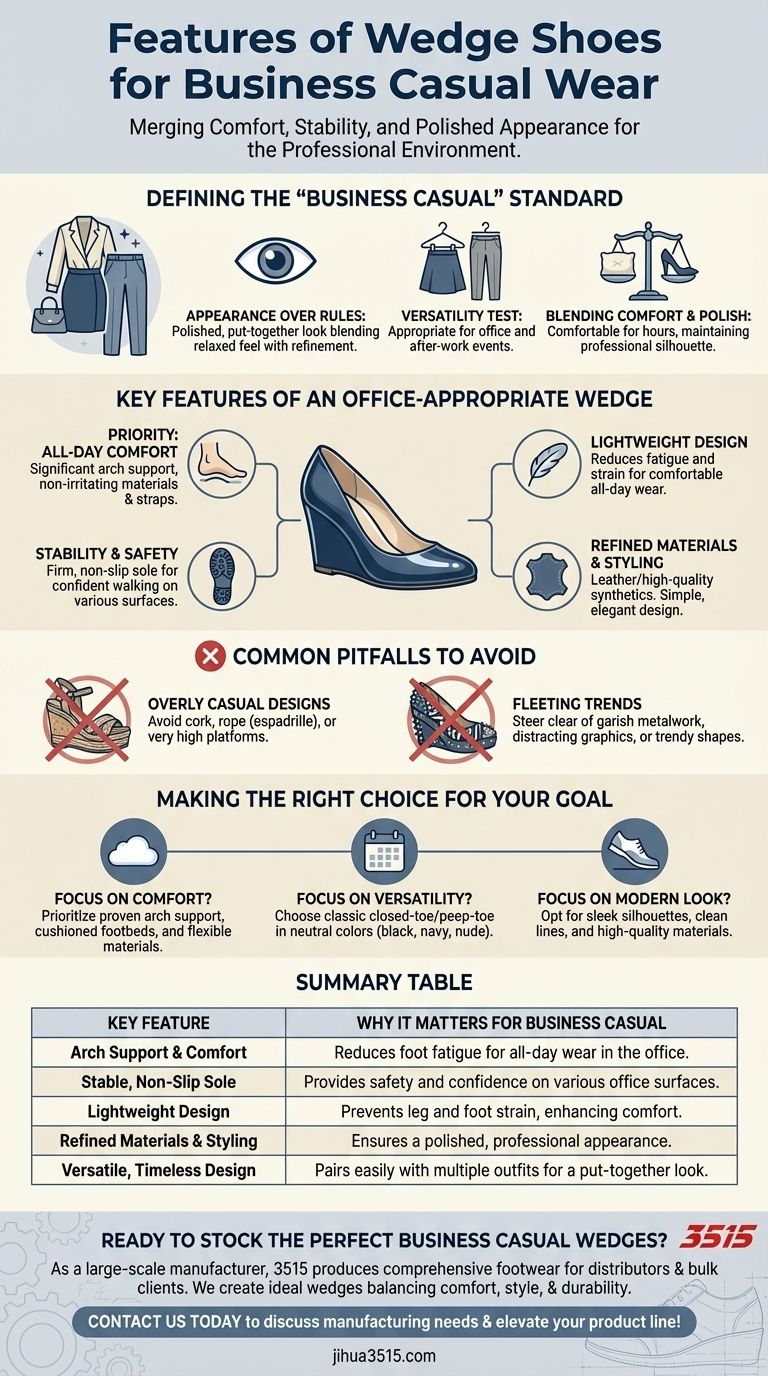 Quali sono le caratteristiche delle scarpe con zeppa per un abbigliamento business casual? Comfort, stile e stabilità combinati Guida Visiva