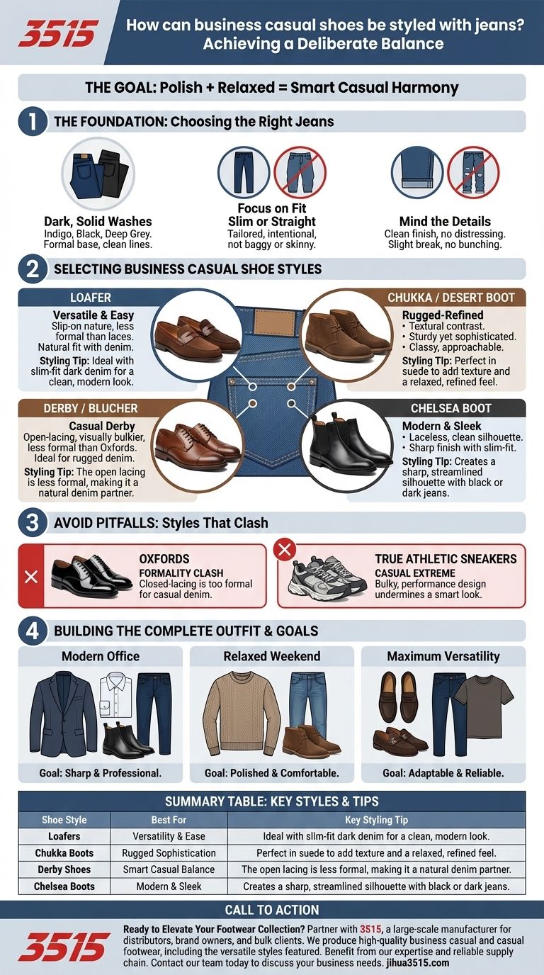 كيف يمكن تنسيق أحذية الكاجوال الرسمية مع الجينز؟ أتقن مظهر الكاجوال الأنيق دليل مرئي