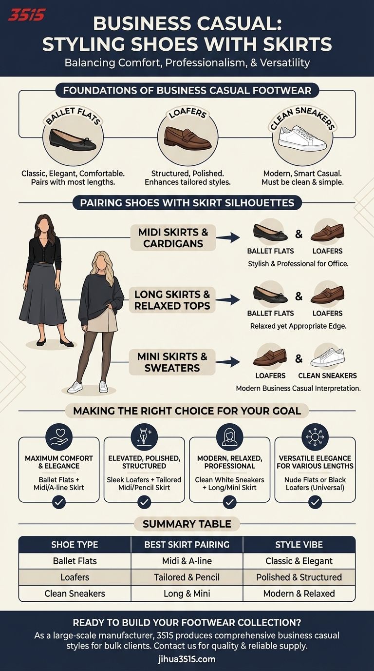 ما هي بعض الطرق لتنسيق أحذية العمل الكاجوال مع التنانير؟ ارفع مستوى ملابسك المهنية دليل مرئي