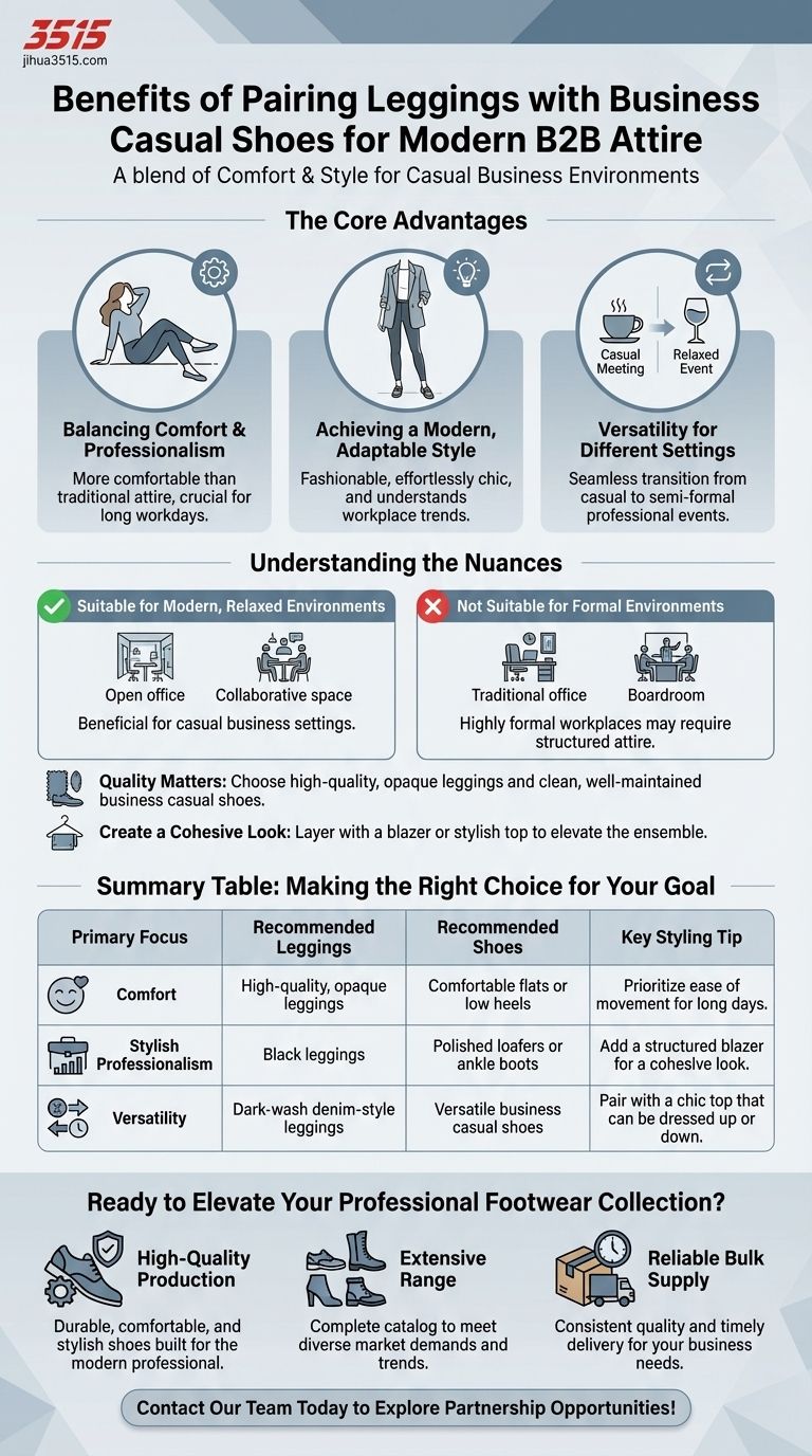 ビジネスカジュアルシューズにレギンスを合わせるメリットとは？現代の職場に快適さとスタイルを ビジュアルガイド