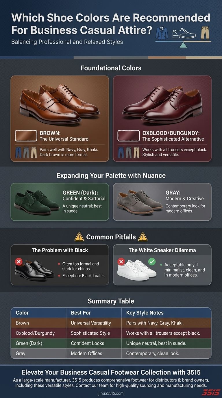 Quelles couleurs de chaussures sont recommandées pour une tenue d'affaires décontractée ? Maîtrisez la palette polyvalente du marron et du bordeaux. Guide Visuel